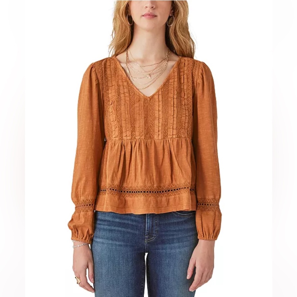 Lucky Brand‎ Bohemian Pintuck Lace Long Sleeve Top Sz M Glazed Ginger